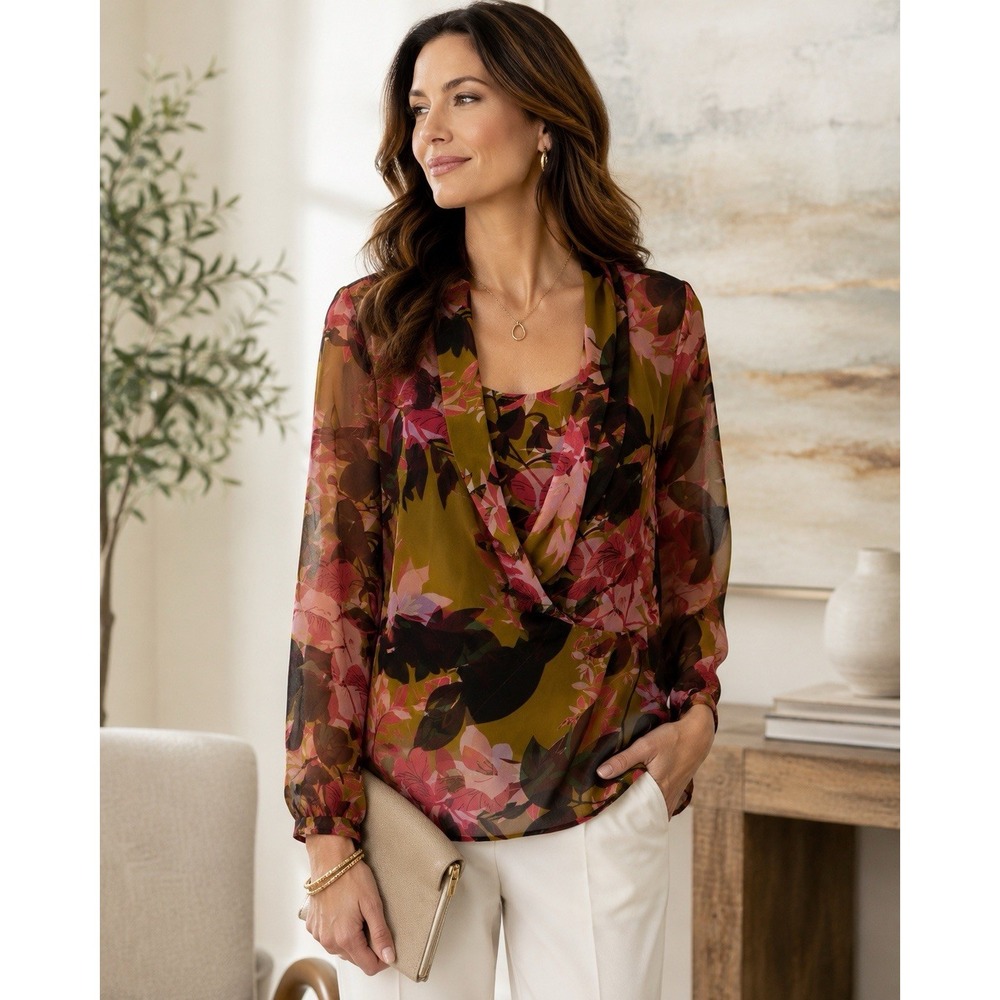 Cabi Womens XL Floral Sheer Blouse Cami Set Pink Olive Long Sleeve Style 4251